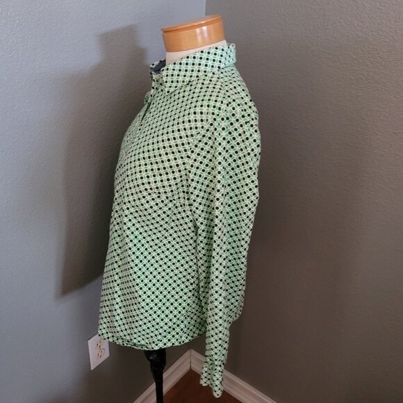 Talbots Blouse Women's Size 12P Green Black Dots Bracelet Sleeve Button Up - Picture 4 of 6